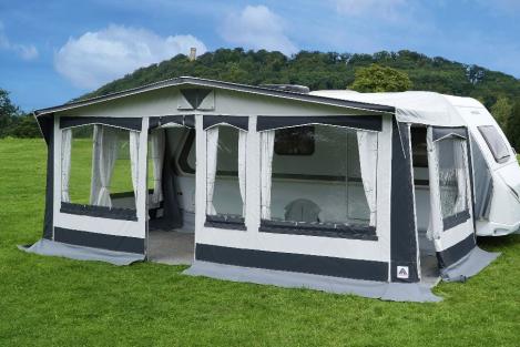 Bornholm Dauerstandvorzelt mit offener Veranda vor Wohnwagen, 240 cm tief