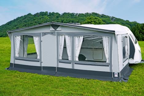 Triest Reise- & Saisonzelt 240 cm mit stabiler Vorderwand und Veranda-Option in hellgrau/mittelgrau