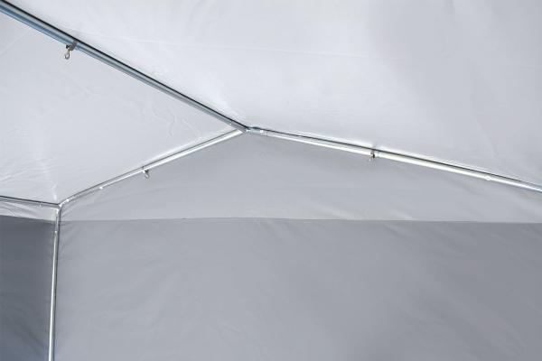 Detailansicht Gerätezelt Top: 25 mm Stahlgestänge und PVC-Planen wetterfest
